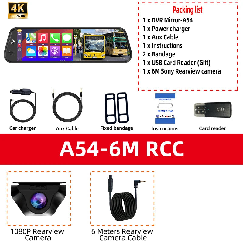 4K Rearview Mirror Dash Cam with CarPlay & GPS