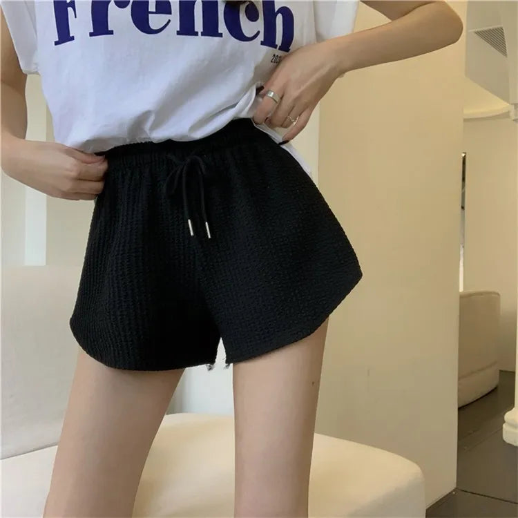 Waffle-Knit High Waist Casual Shorts