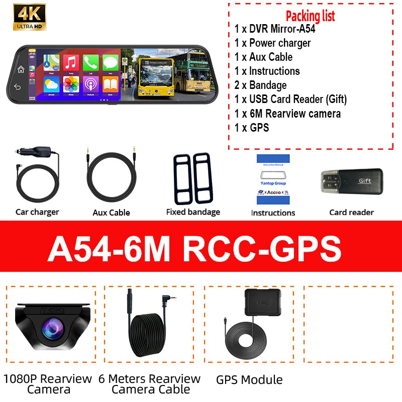 4K Rearview Mirror Dash Cam with CarPlay & GPS
