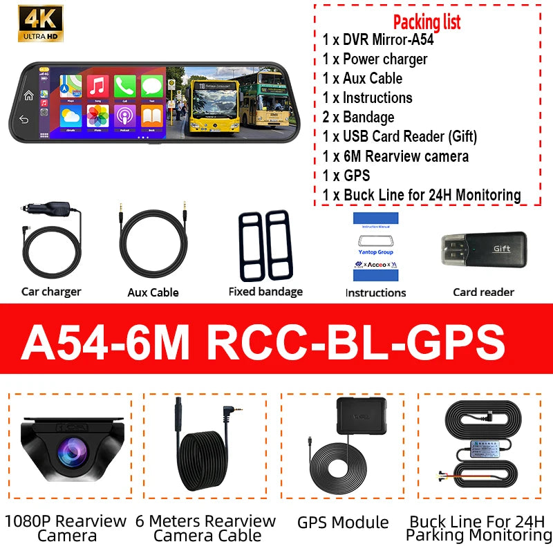 4K Rearview Mirror Dash Cam with CarPlay & GPS