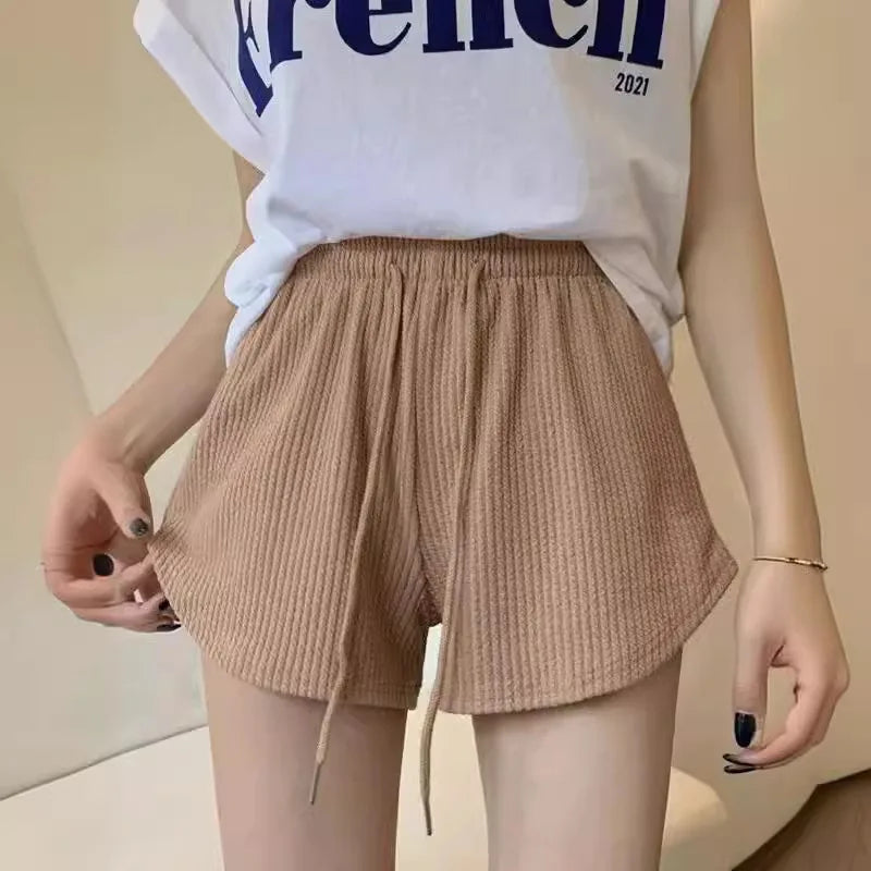 Waffle-Knit High Waist Casual Shorts