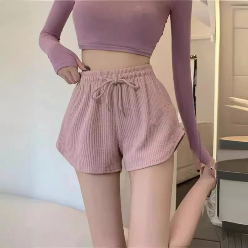 Waffle-Knit High Waist Casual Shorts