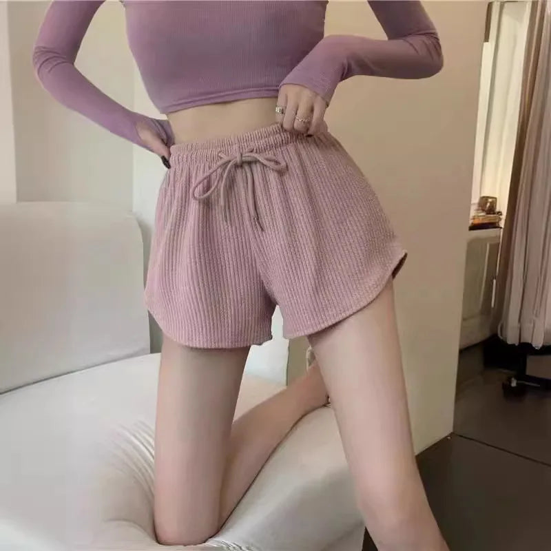 Waffle-Knit High Waist Casual Shorts