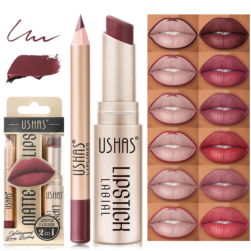 12-Color Matte Lipstick Set with Lip Liner