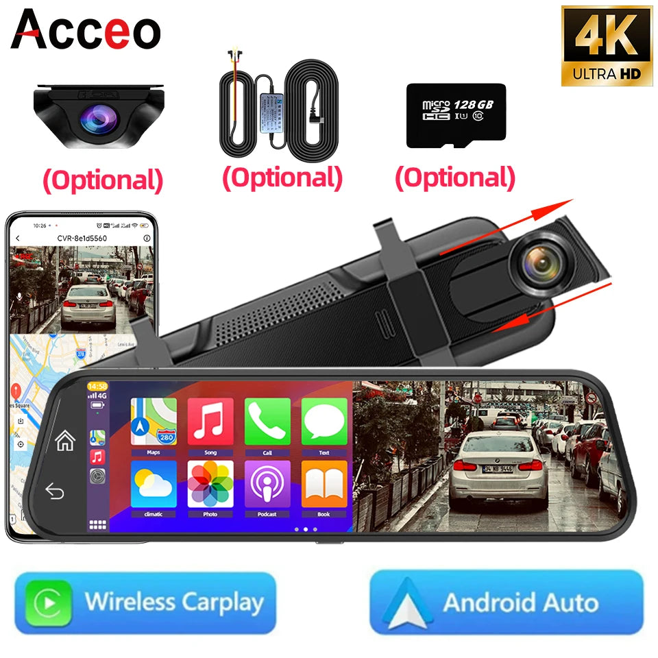 4K Rearview Mirror Dash Cam with CarPlay & GPS