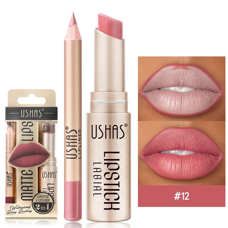 12-Color Matte Lipstick Set with Lip Liner