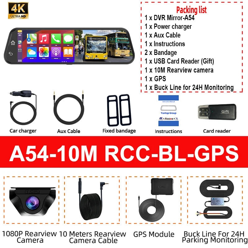4K Rearview Mirror Dash Cam with CarPlay & GPS