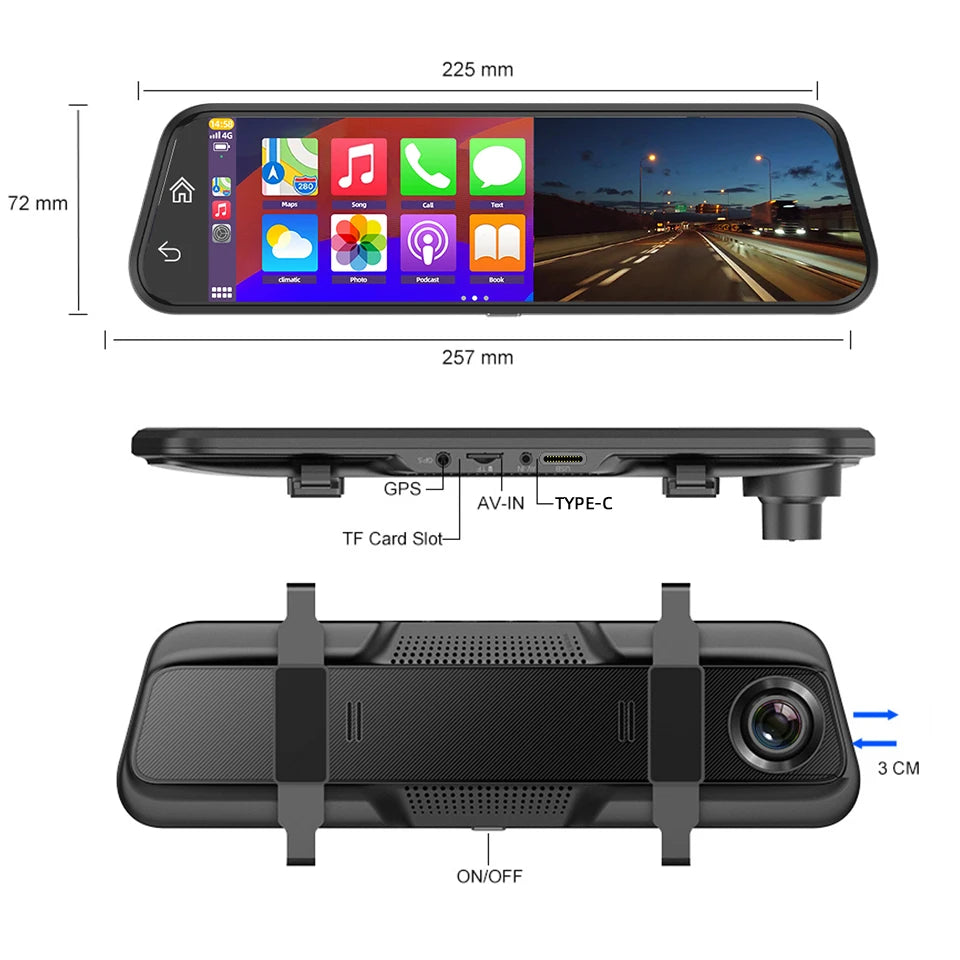 4K Rearview Mirror Dash Cam with CarPlay & GPS