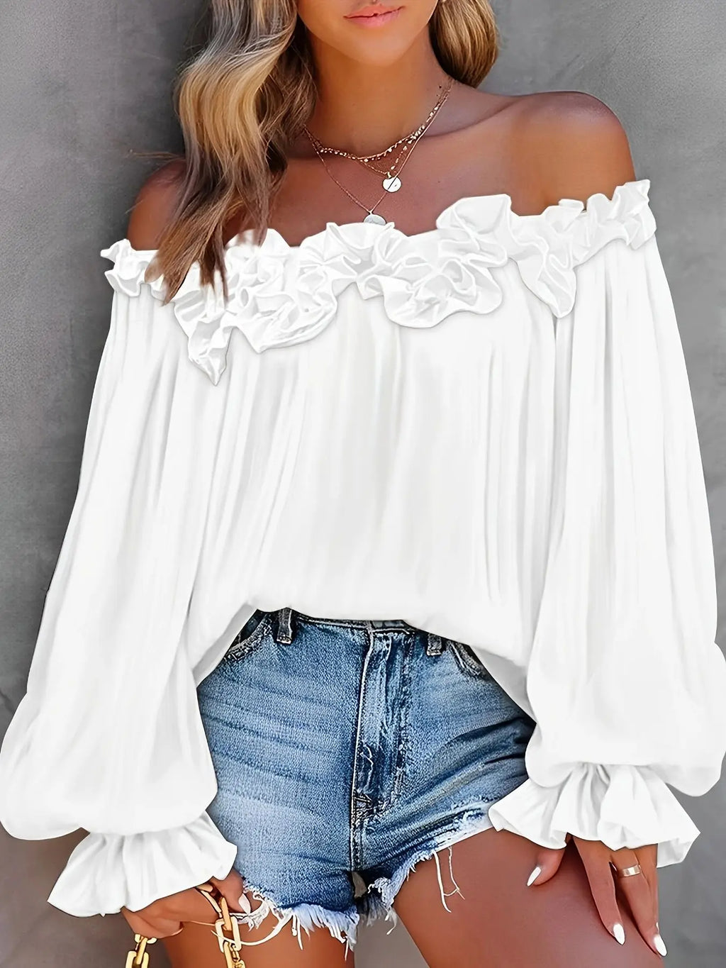 Ruffle Lantern Sleeve Off-Shoulder Top