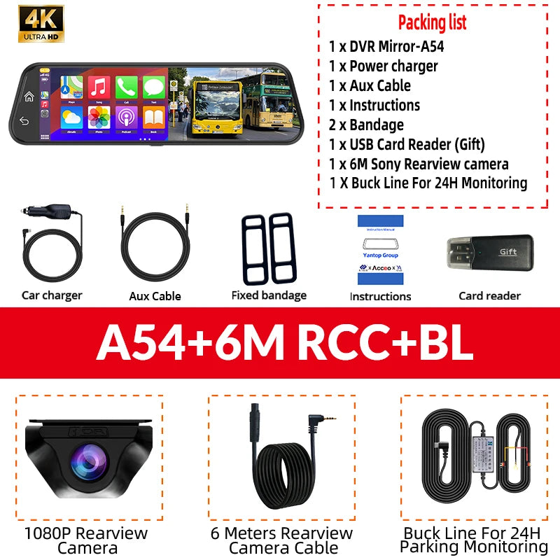 4K Rearview Mirror Dash Cam with CarPlay & GPS